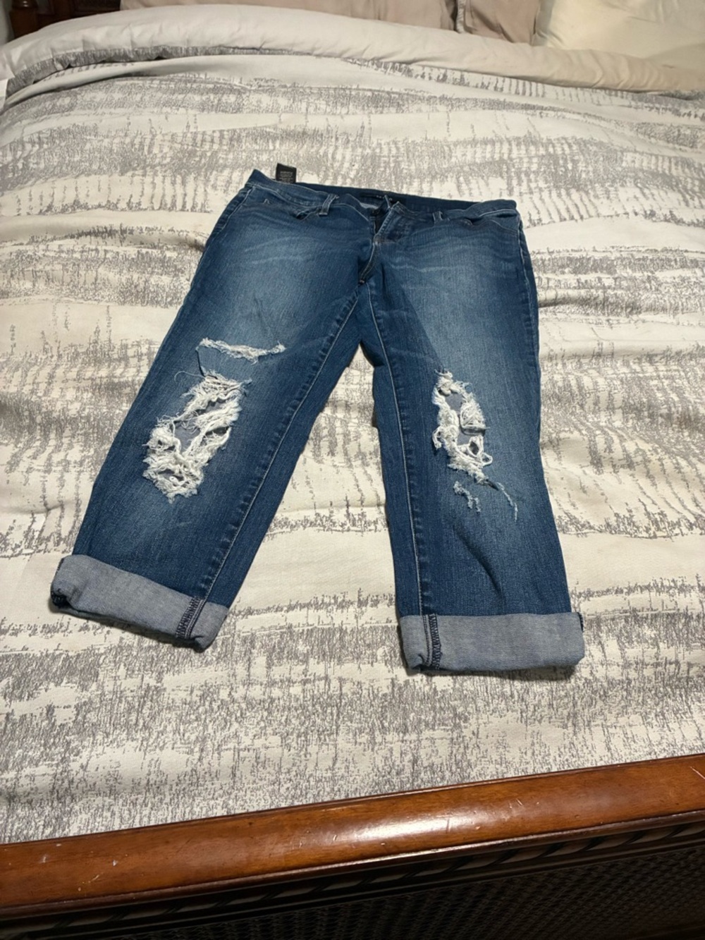 J Brand Blue Distressed Straight-Leg Jeans with Cuffed Hem